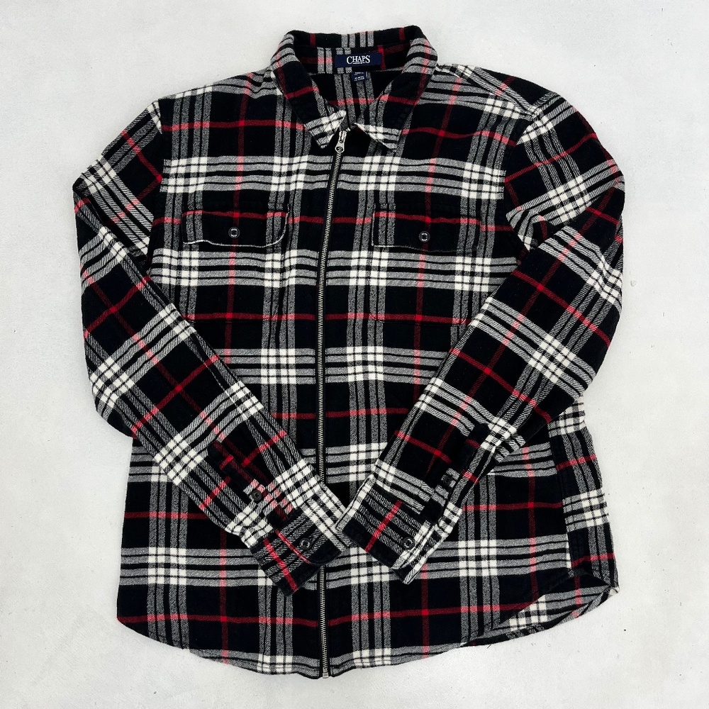 Chaps Denim Boys Size M Flannel Full‎ Zip Shacket Black White Plaid Long Sleeve